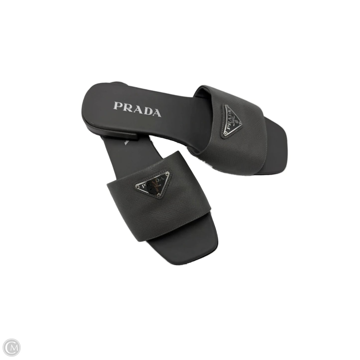 Prada Saffiano Logo Luxury Designer Slides, Size: 8