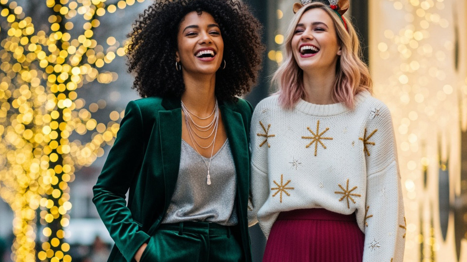 Two women laughing together with festive lights in the background