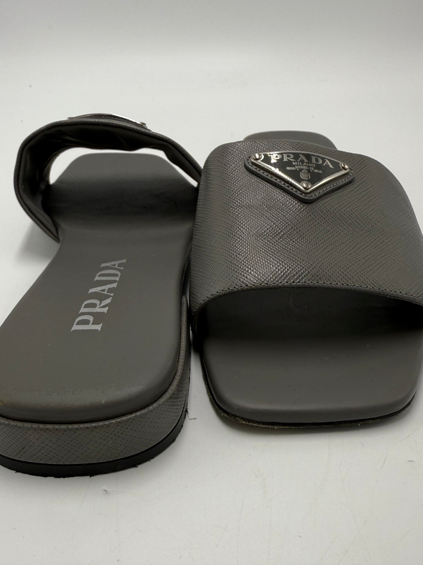 Prada Saffiano Logo Luxury Designer Slides, Size: 8