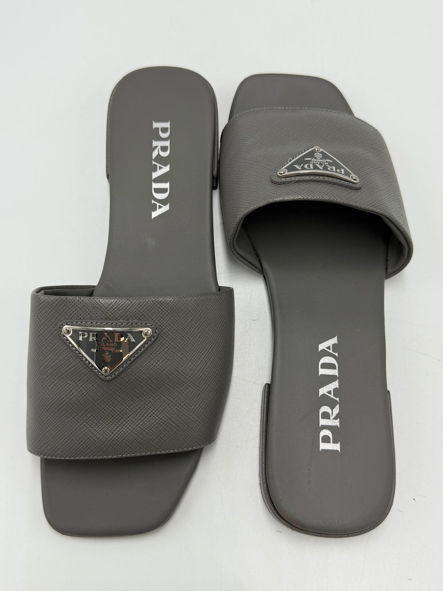 Prada Saffiano Logo Luxury Designer Slides, Size: 8