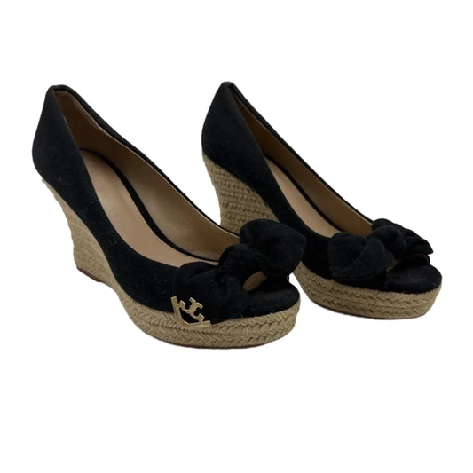 Tory Burch Espadrille Wedge Designer Shoes In Black, Size: 6