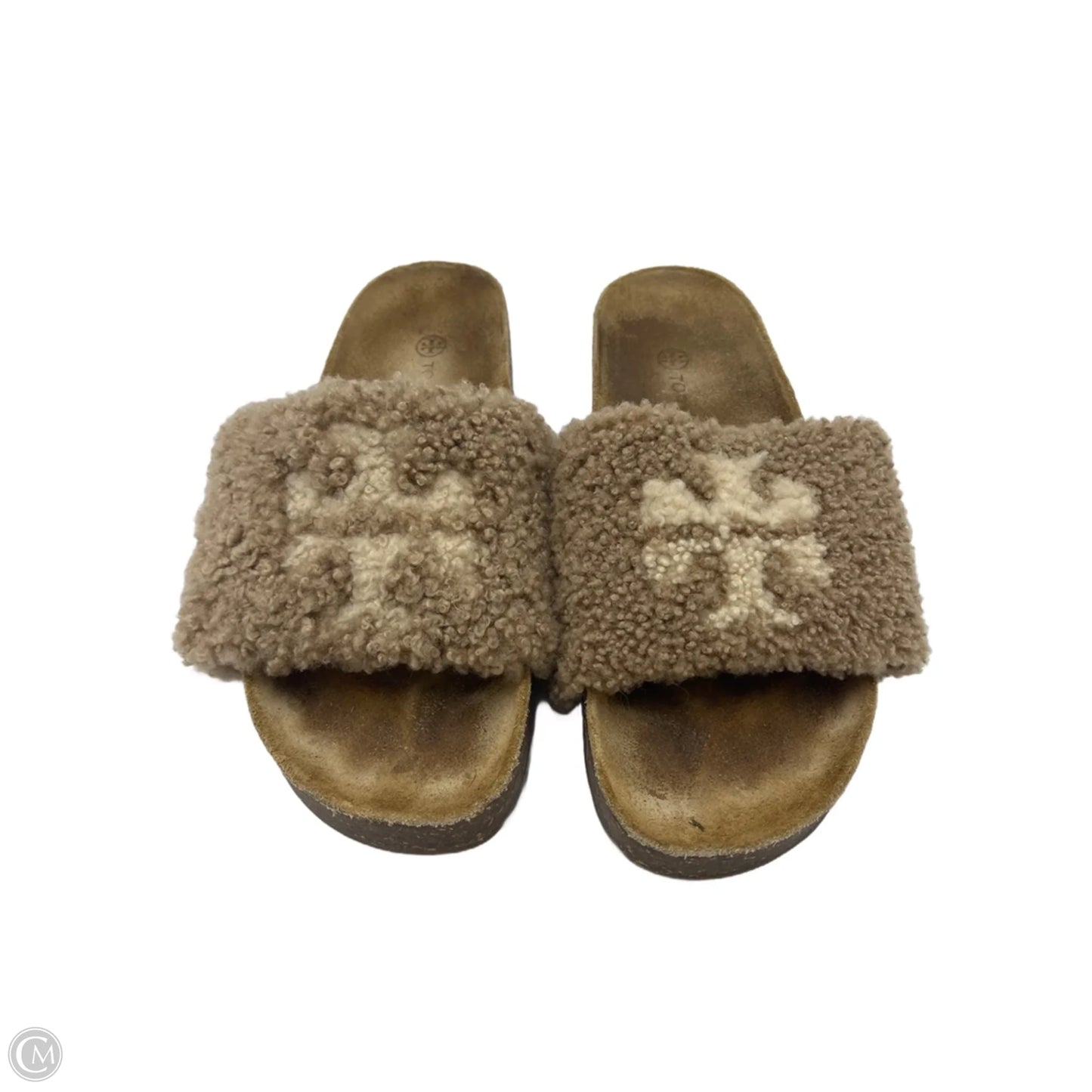 Tory Burch Double T Shearling Designer Sandal In Brown, Size: 8