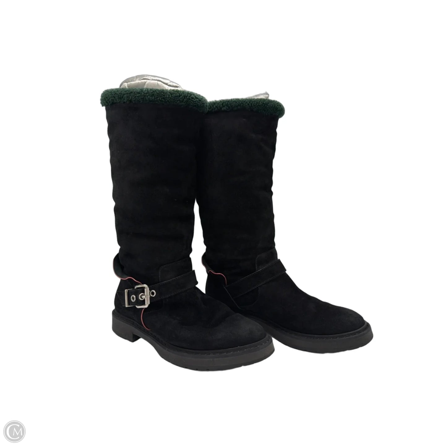 Fendi Fur Trimmed Moto Mid-Calf Luxury Boots In Black, Size: 7.5