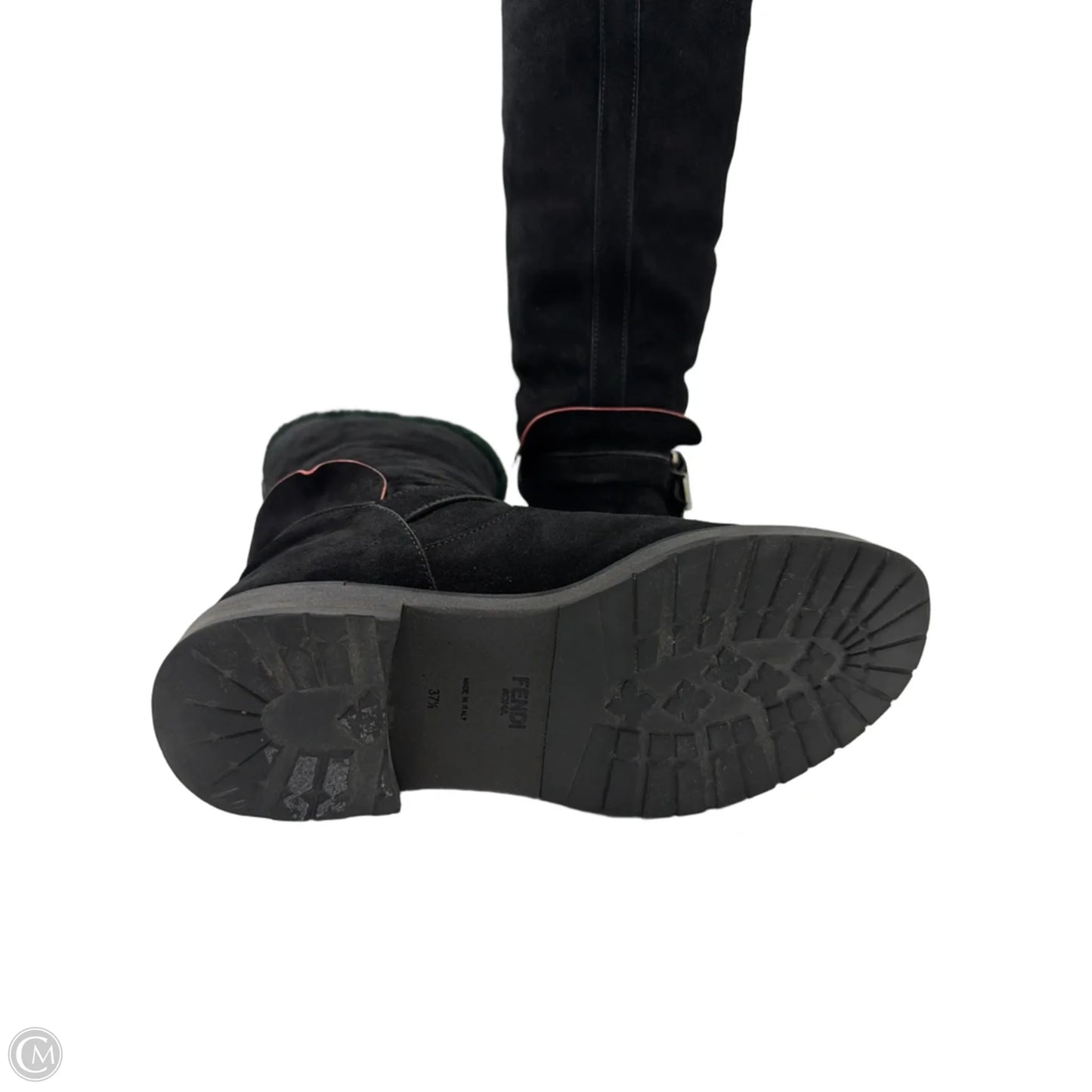 Fendi Fur Trimmed Moto Mid-Calf Luxury Boots In Black, Size: 7.5