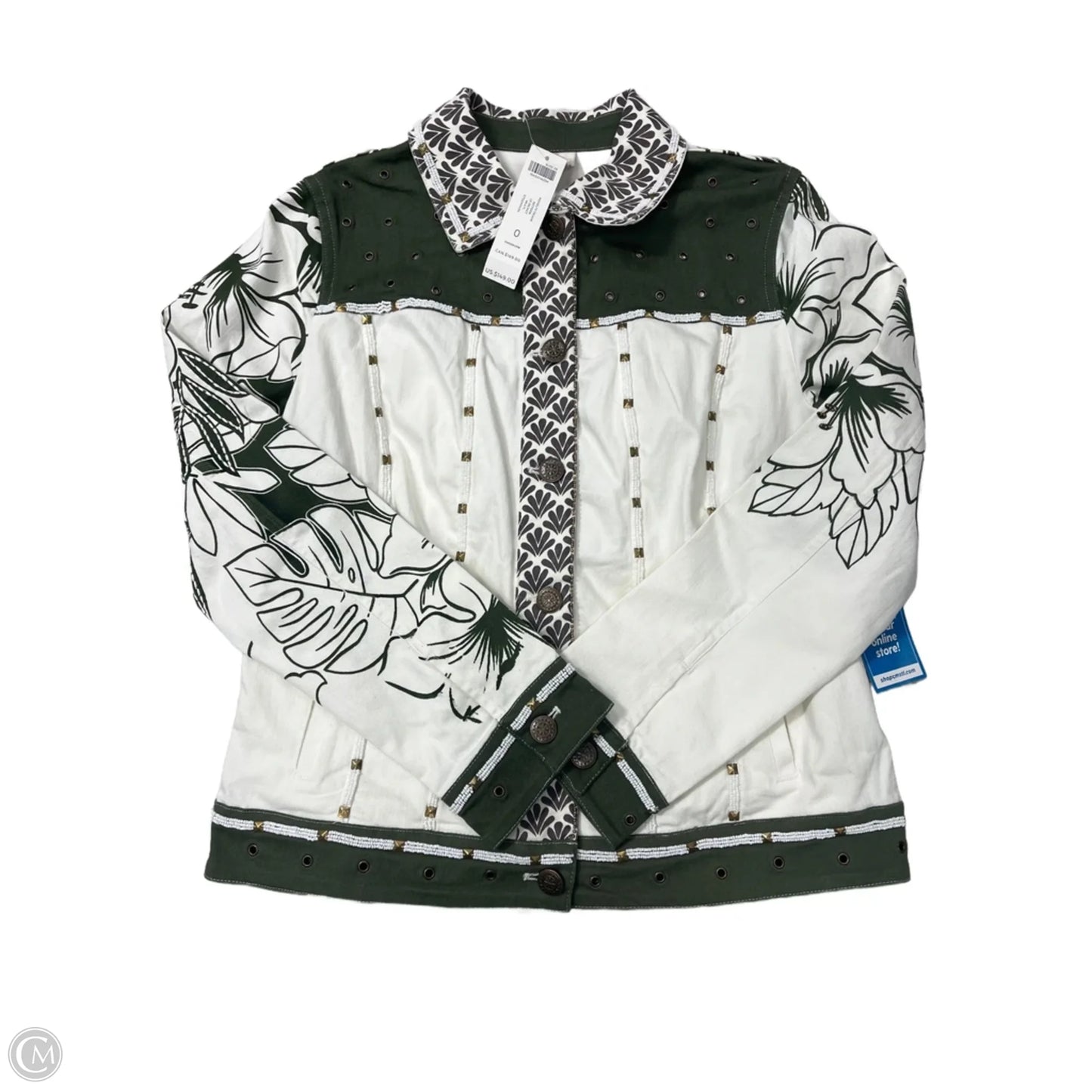 Jacket Shirt By Chicos In Green & White, Size: S