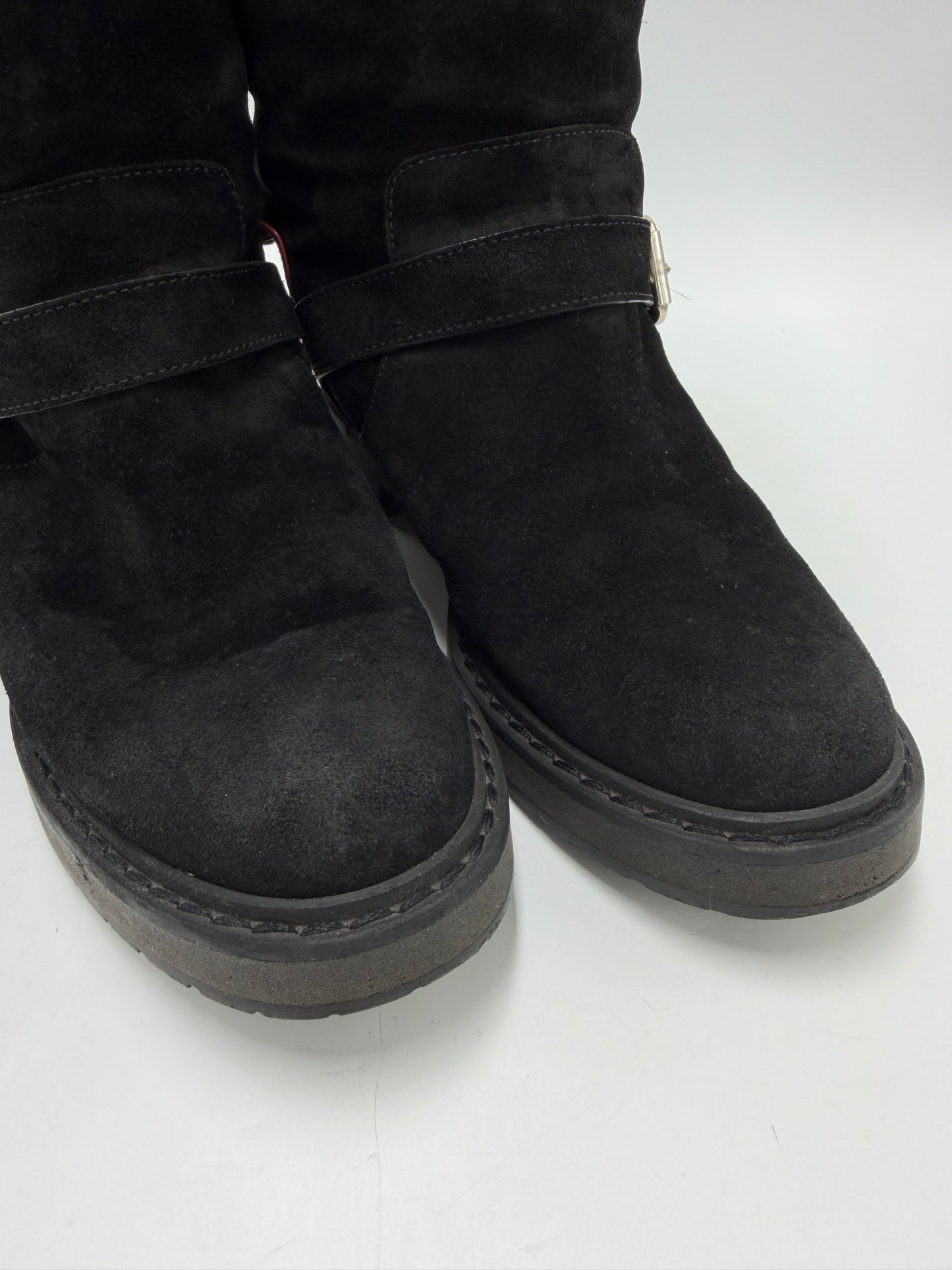 Fendi Fur Trimmed Moto Mid-Calf Luxury Boots In Black, Size: 7.5
